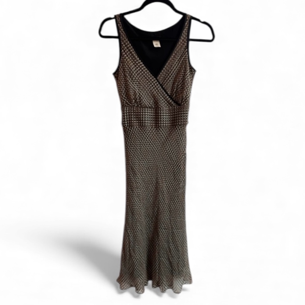 J. CREW Silk Blend Black & Tan Checked Midi Dress w/ Black Trim Size 4